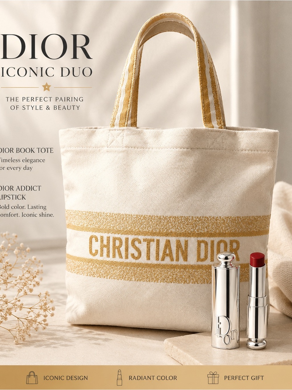 Christian Dior Gold Beauty Tote & Dior Addict Lip Glass Lipstick Luxury Gift Set